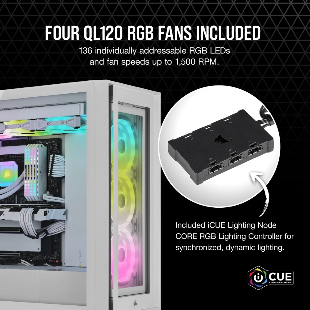 Corsair iCUE 5000X RGB QL Edition Mid-Tower ATX Case - True White view 3
