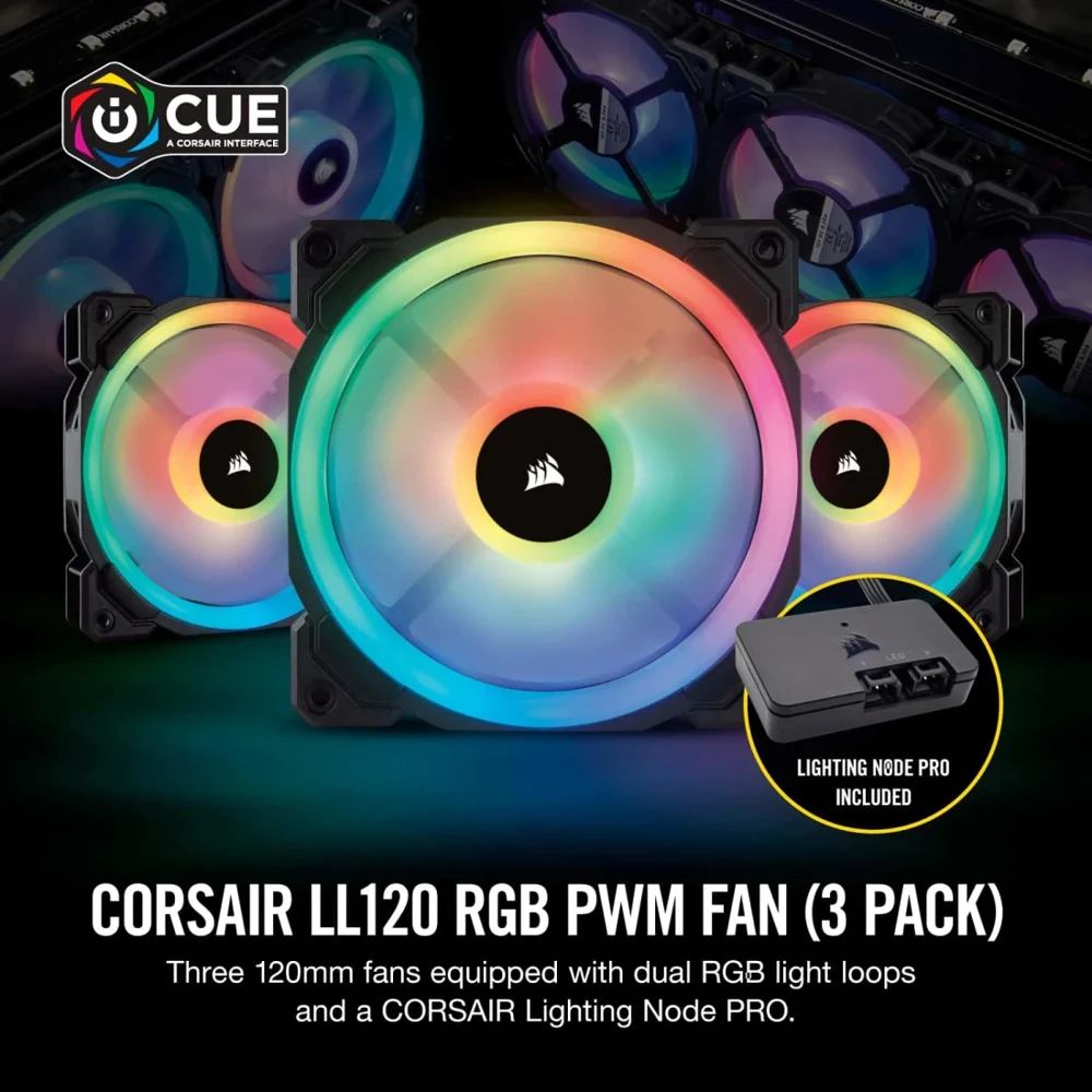 Corsair LL120 RGB 120mm Dual Light Loop PWM Fan Triple Pack with Lighting Node PRO view 2