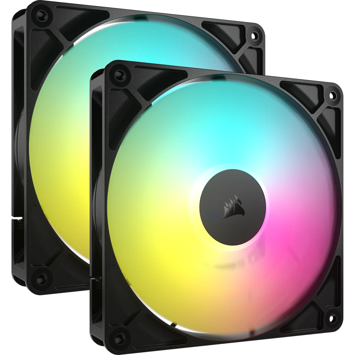 Corsair RS140 ARGB 140mm PWM Fans Dual Pack Black, both fans lit with rainbow ARGB