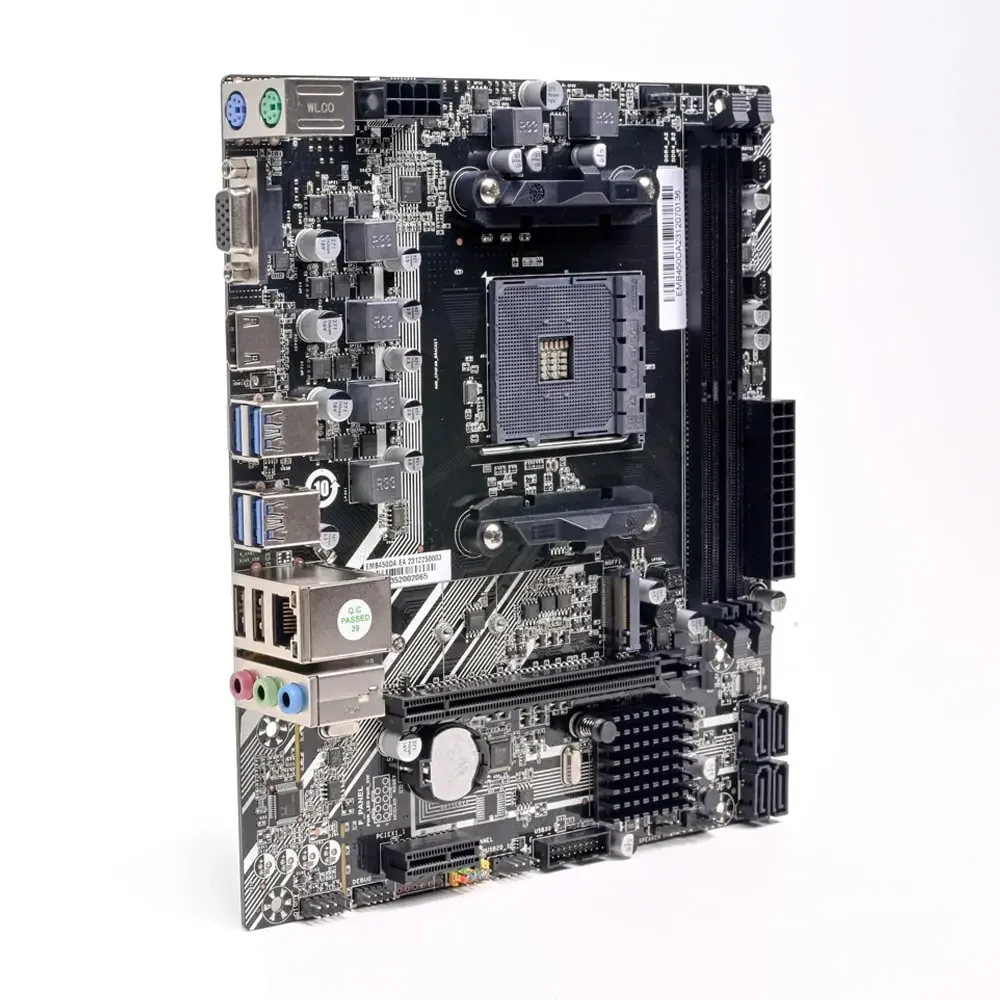 Ease EMB450DA B450 AM4 Micro-ATX motherboard standing at an angle, showing the AM4 socket, DDR4 slots and rear I/O stack