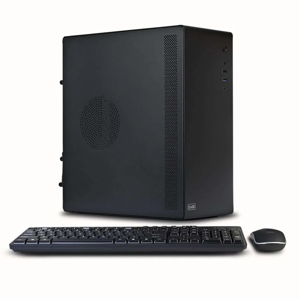 Ease EMTi3 black mini tower desktop PC with USB keyboard and mouse on a white background