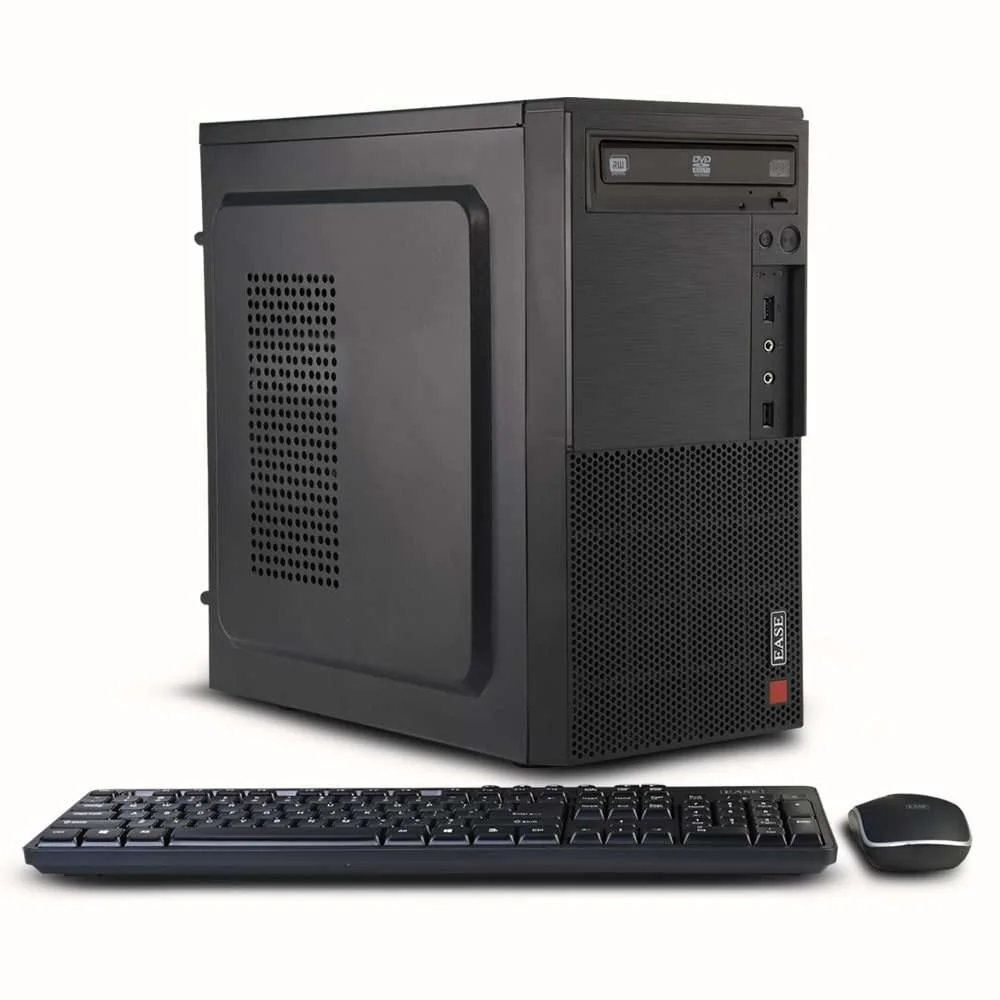 Ease EMTi3D black mini tower desktop PC with front DVD writer, shown with USB keyboard and mouse on a white background