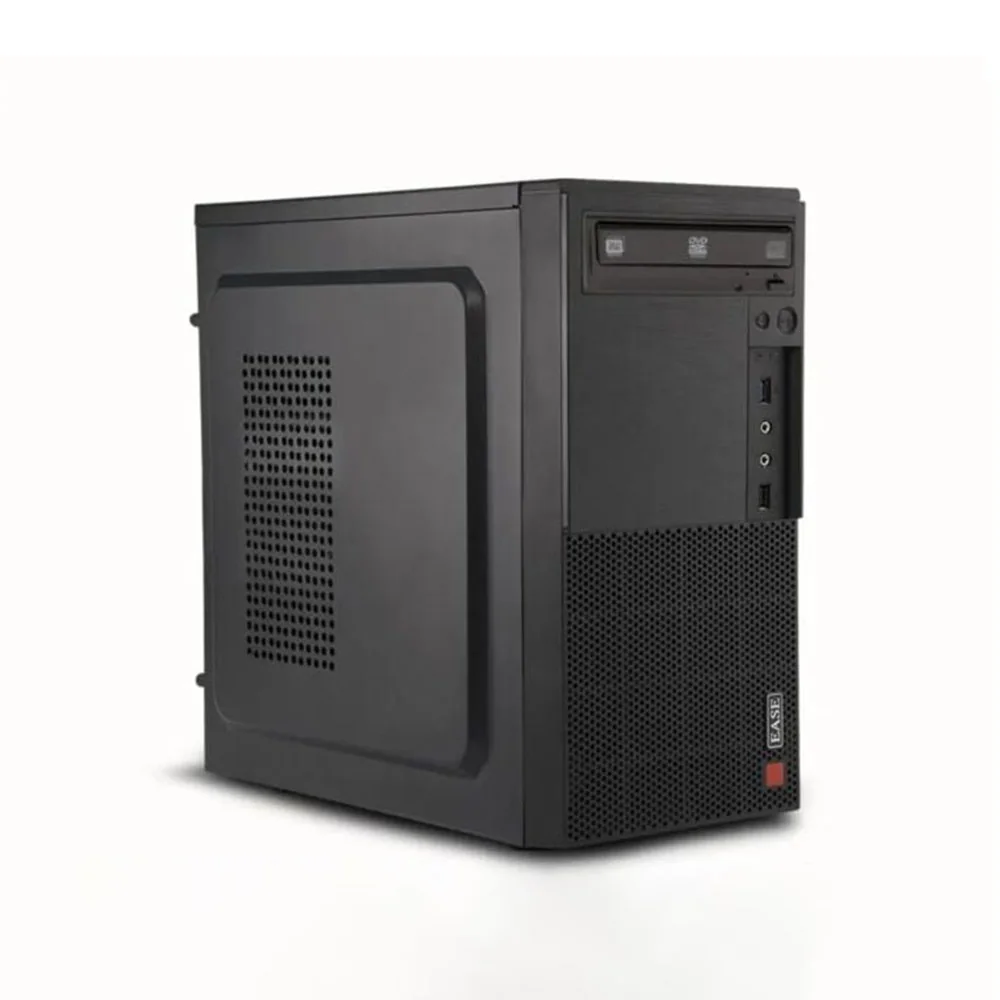 Ease EMTi5D black mini tower desktop PC, angled front view showing the DVD writer bay, front USB and audio ports and mesh lower panel