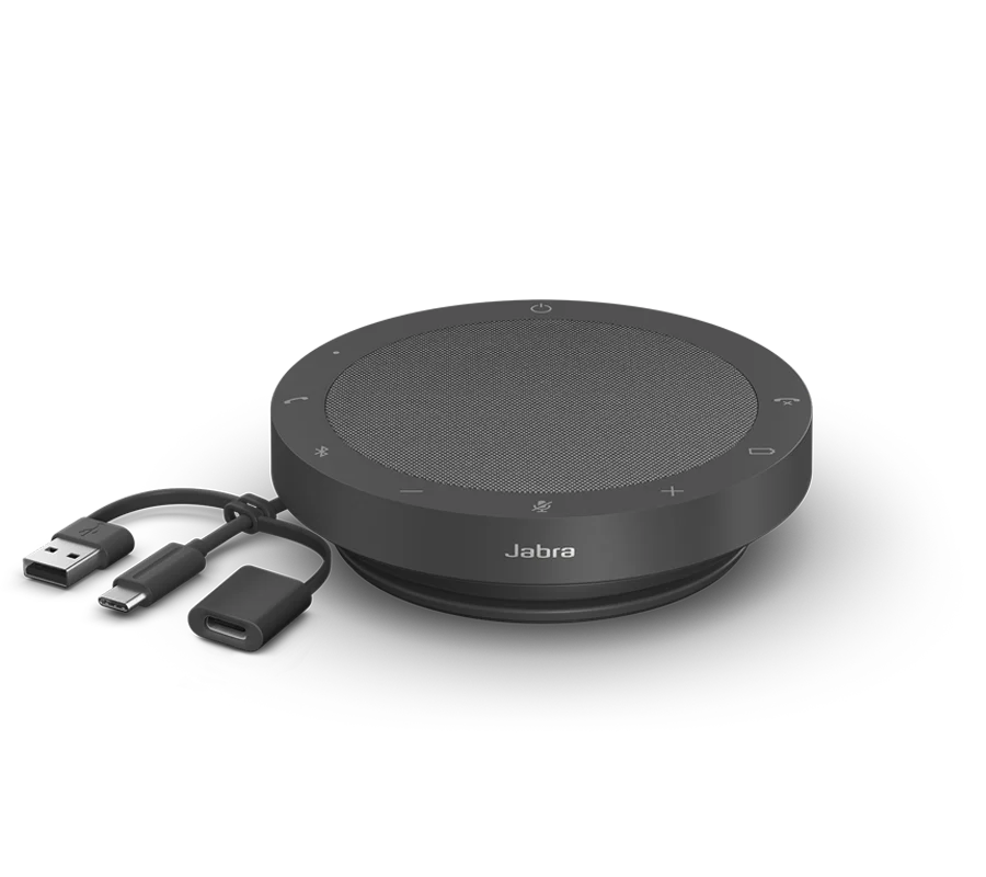 Jabra Speak2 55 Dark Grey speakerphone, three-quarter angle with USB-A and USB-C cable