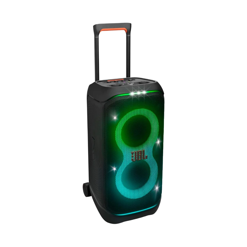 JBL PartyBox Stage 320 portable party speaker in black, front three-quarter view with RGB light show, telescopic handle and wheels