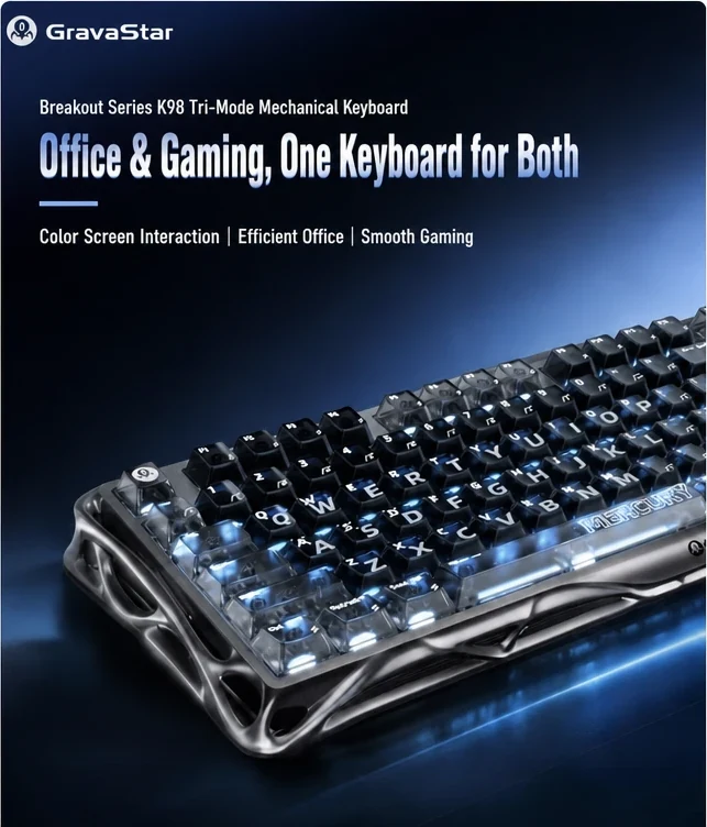 GravaStar K98 Tri-Mode mechanical keyboard in Black, full view of the 98% office and gaming layout