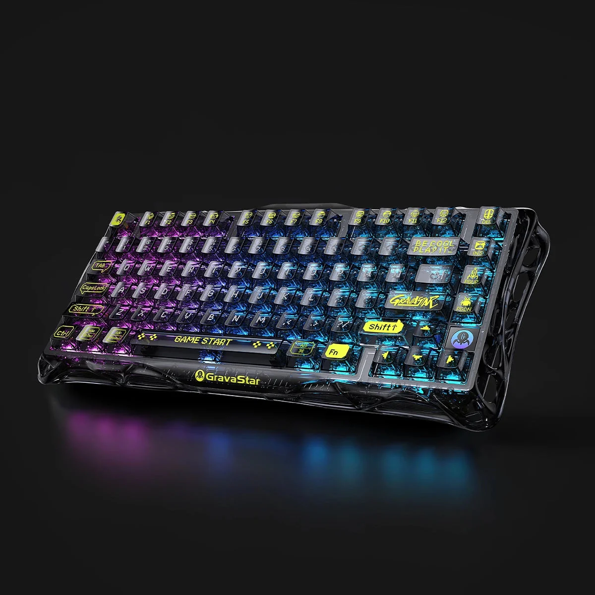 GravaStar Mercury K1 Lite 75% mechanical keyboard, full view of the transparent PC frame and shine-through keycaps