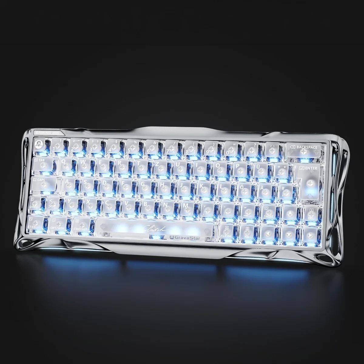 GravaStar Mercury V60 Pro Silver Frost 60% Hall-Effect magnetic gaming keyboard - frosted crystal keycaps with blue RGB