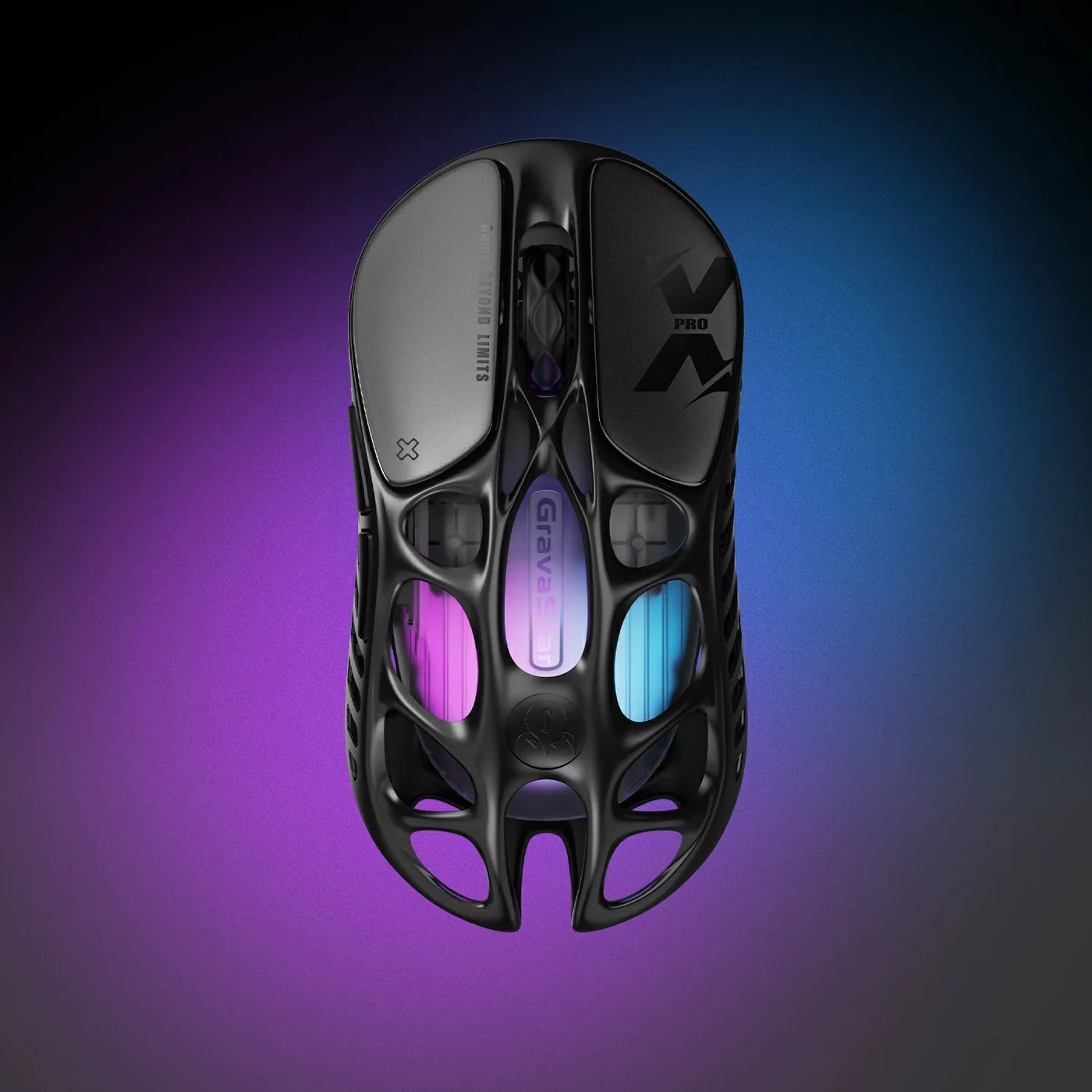 GravaStar Mercury X Pro gaming mouse in Galaxy Black, showing the skeletonised magnesium-alloy hollow frame