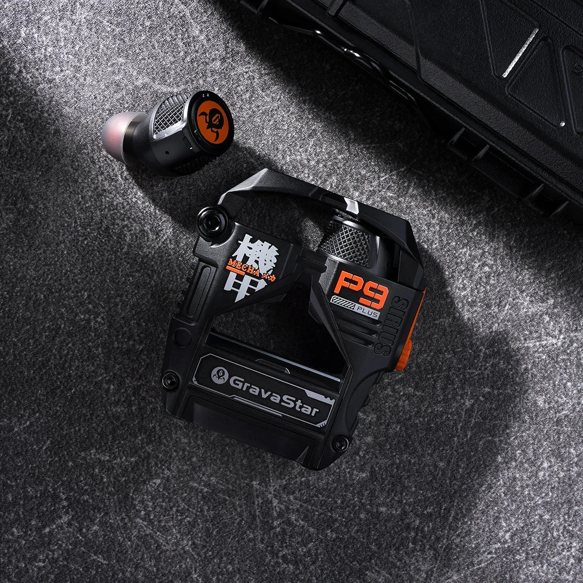 GravaStar Sirius P9 Plus earbuds, full view of the mecha-industrial aluminium alloy housing