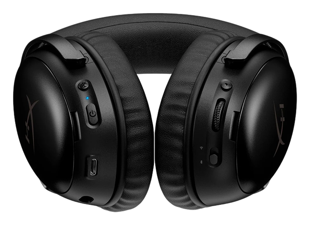 HyperX Cloud III S Wireless black headset ear cup controls, USB-C port and mic jack