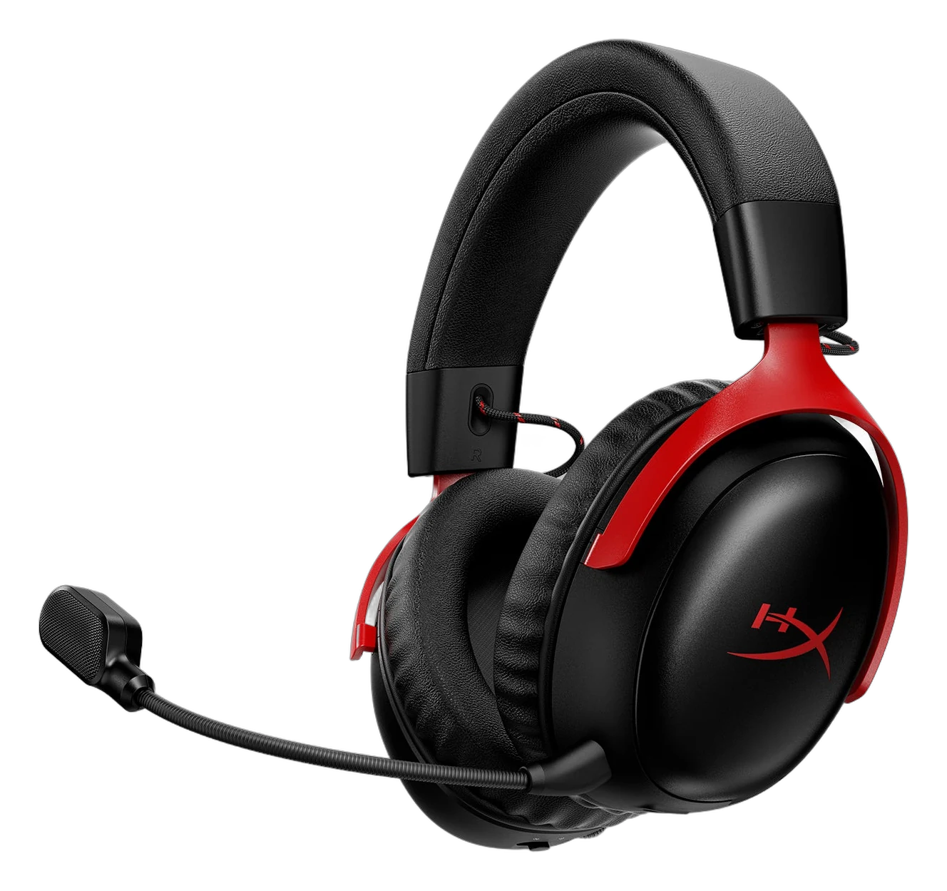 HyperX Cloud III S Wireless black and red gaming headset with the detachable boom mic, three-quarter view