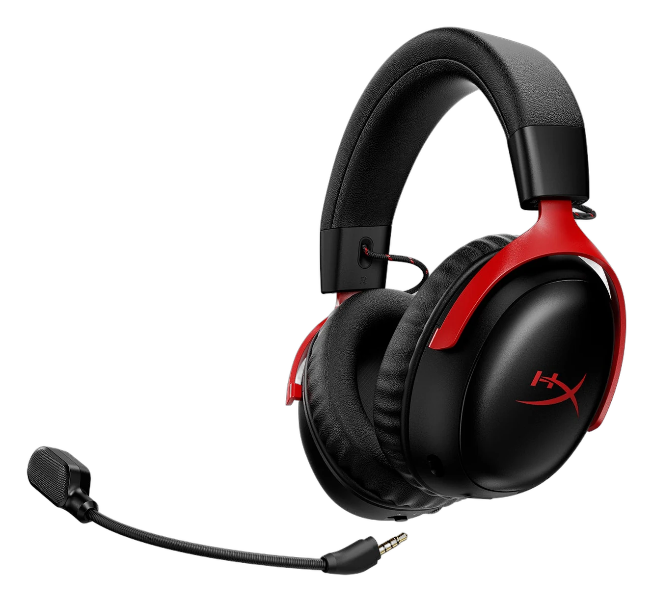HyperX Cloud III S Wireless black and red headset angled view with the boom mic
