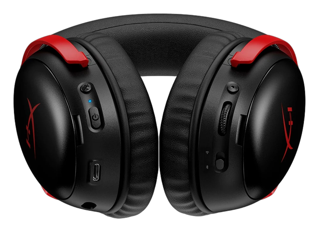 HyperX Cloud III S Wireless black and red headset ear cup controls, USB-C port and mic jack