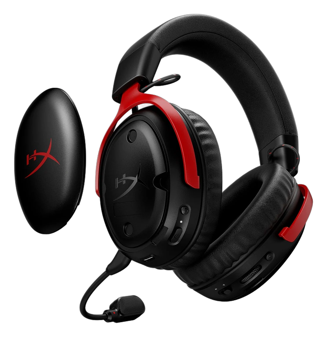 HyperX Cloud III S Wireless black and red headset with a removable ear cup plate taken off