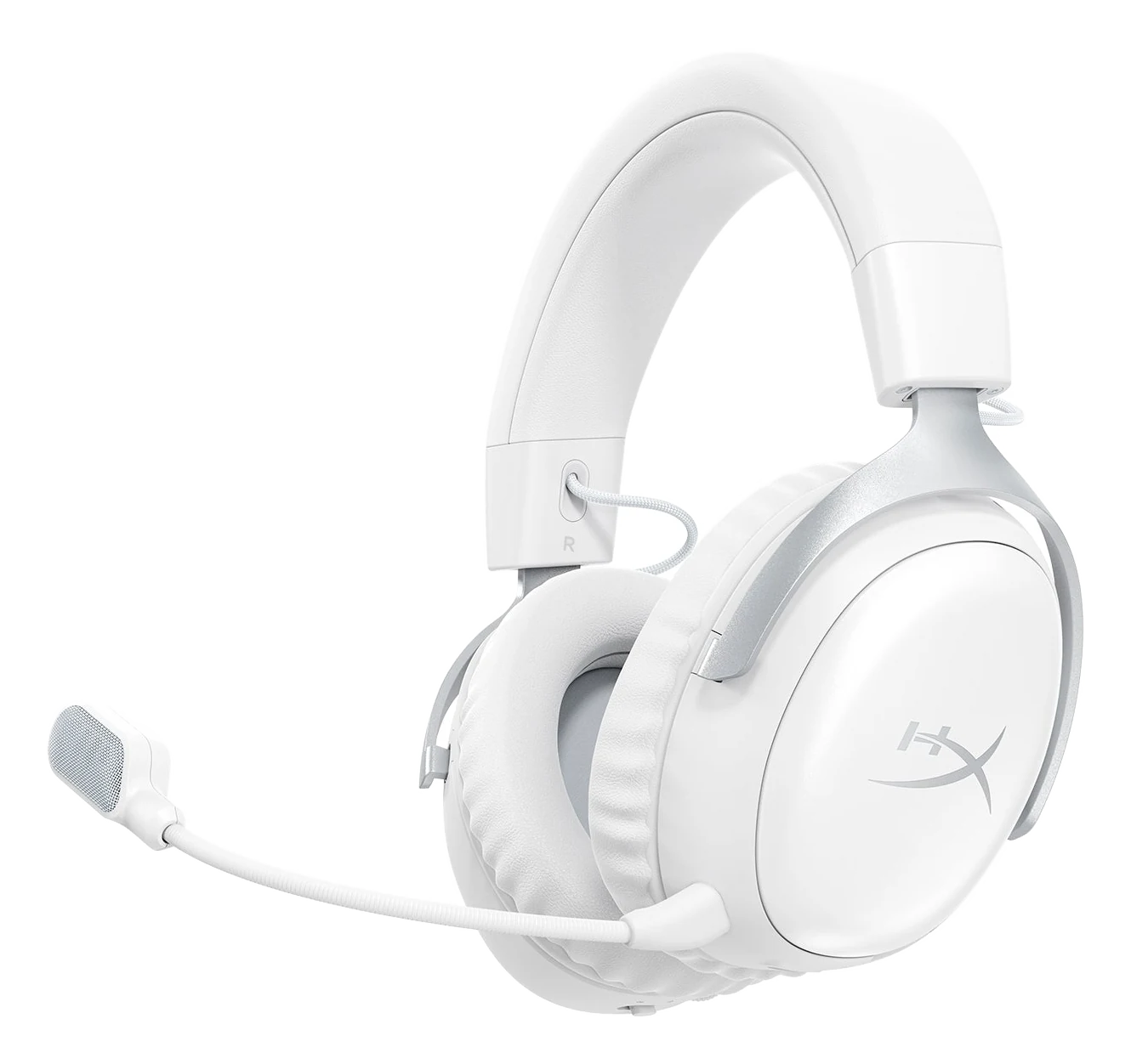 HyperX Cloud III S Wireless white gaming headset with the detachable boom mic, three-quarter view