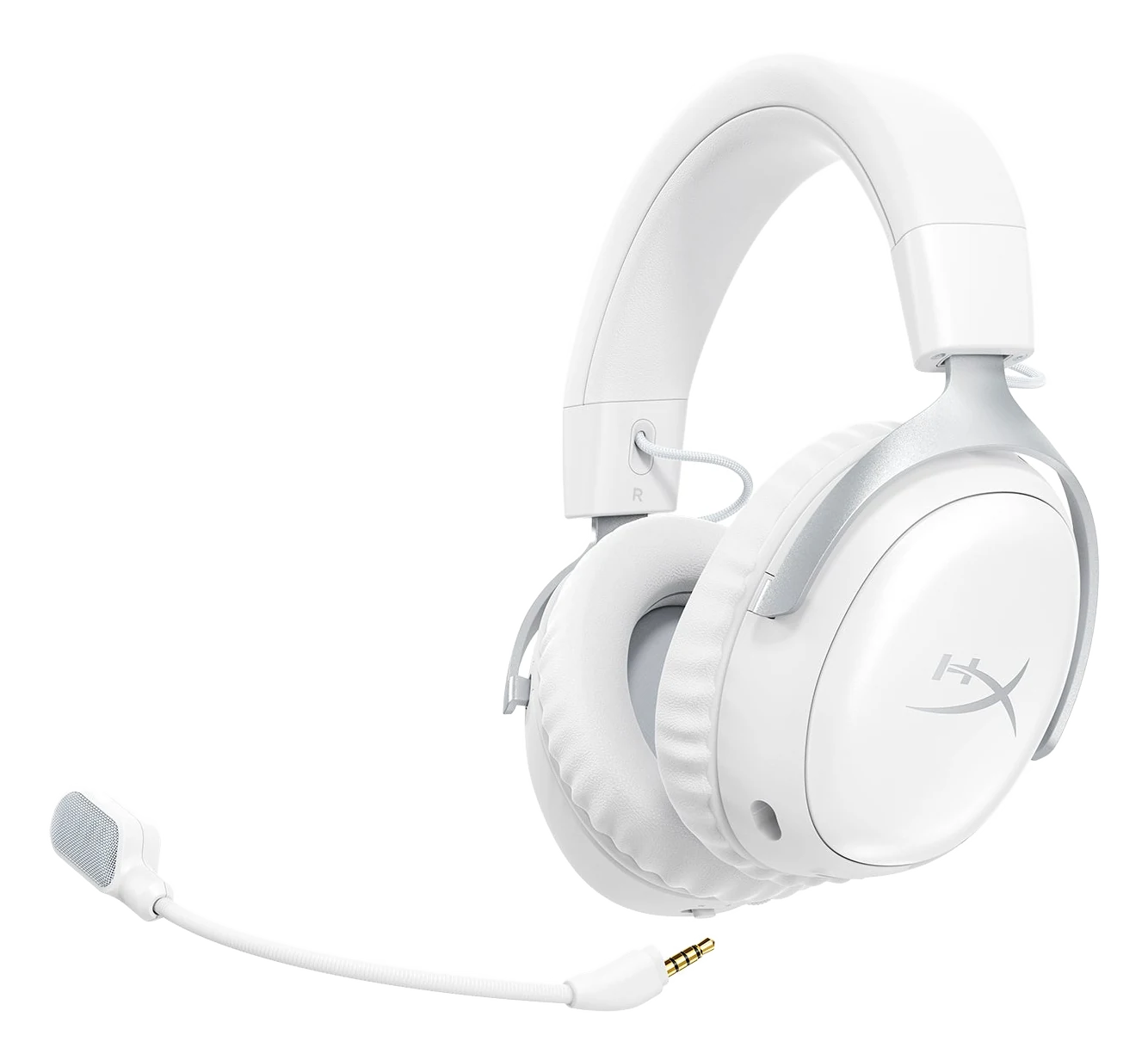 HyperX Cloud III S Wireless white headset angled view with the boom mic