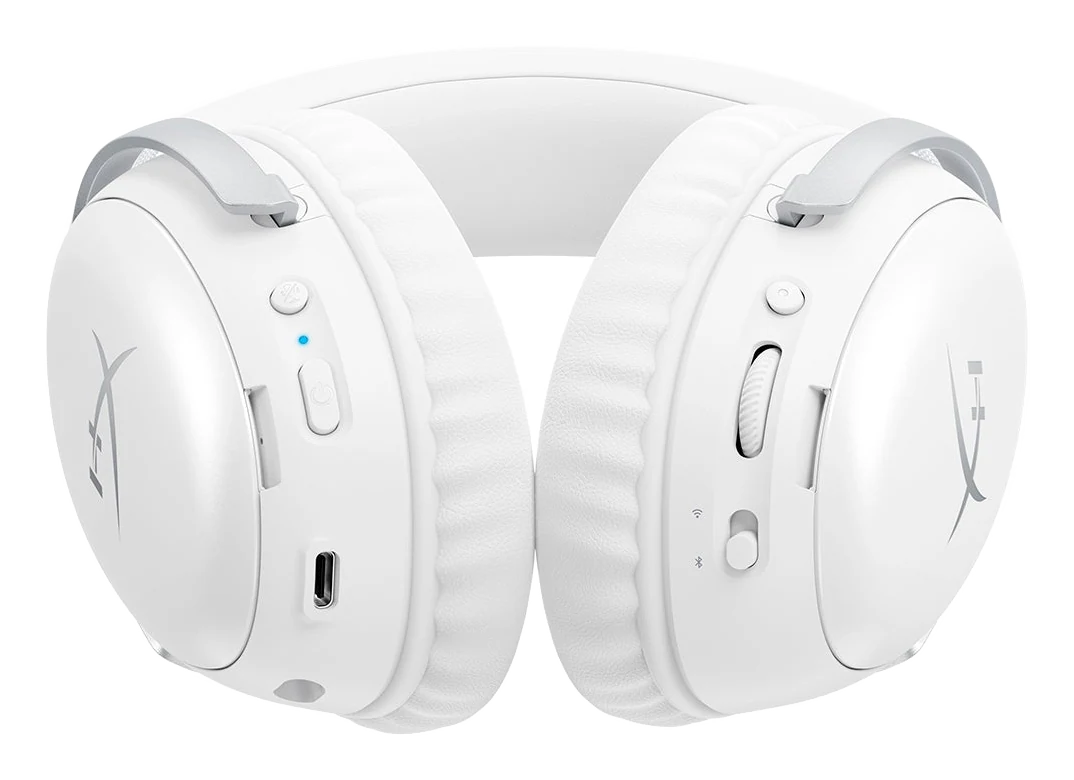 HyperX Cloud III S Wireless white headset ear cup controls, USB-C port and mic jack