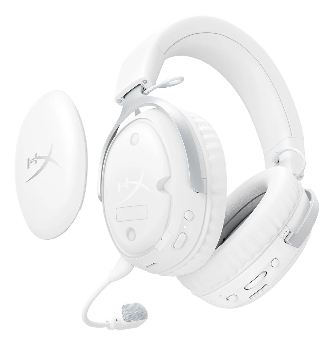 HyperX Cloud III S Wireless white headset with a removable ear cup plate taken off