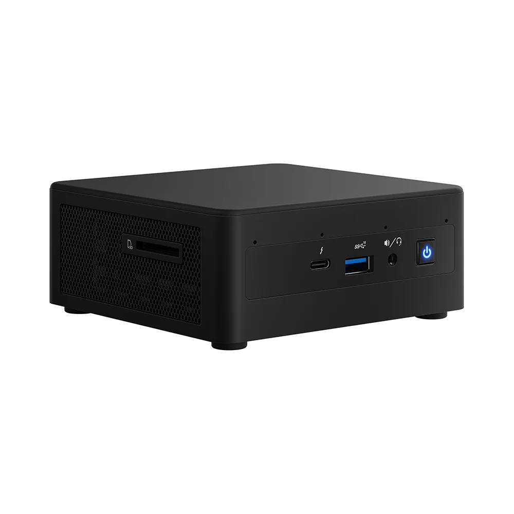 Intel NUC11PAHi3 NUC 11 Performance mini PC front angle view showing Thunderbolt 3, USB-A, audio jack and SD card slot