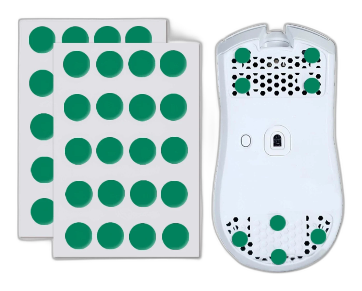 X-Raypad Jade Air green dot skates shown fitted to a white mouse