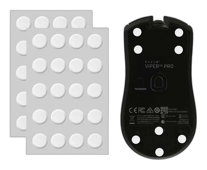 X-Raypad Jade Speed universal dot mouse skates: two sheets of 20 white 6.5 mm PTFE dots, shown fitted to a mouse