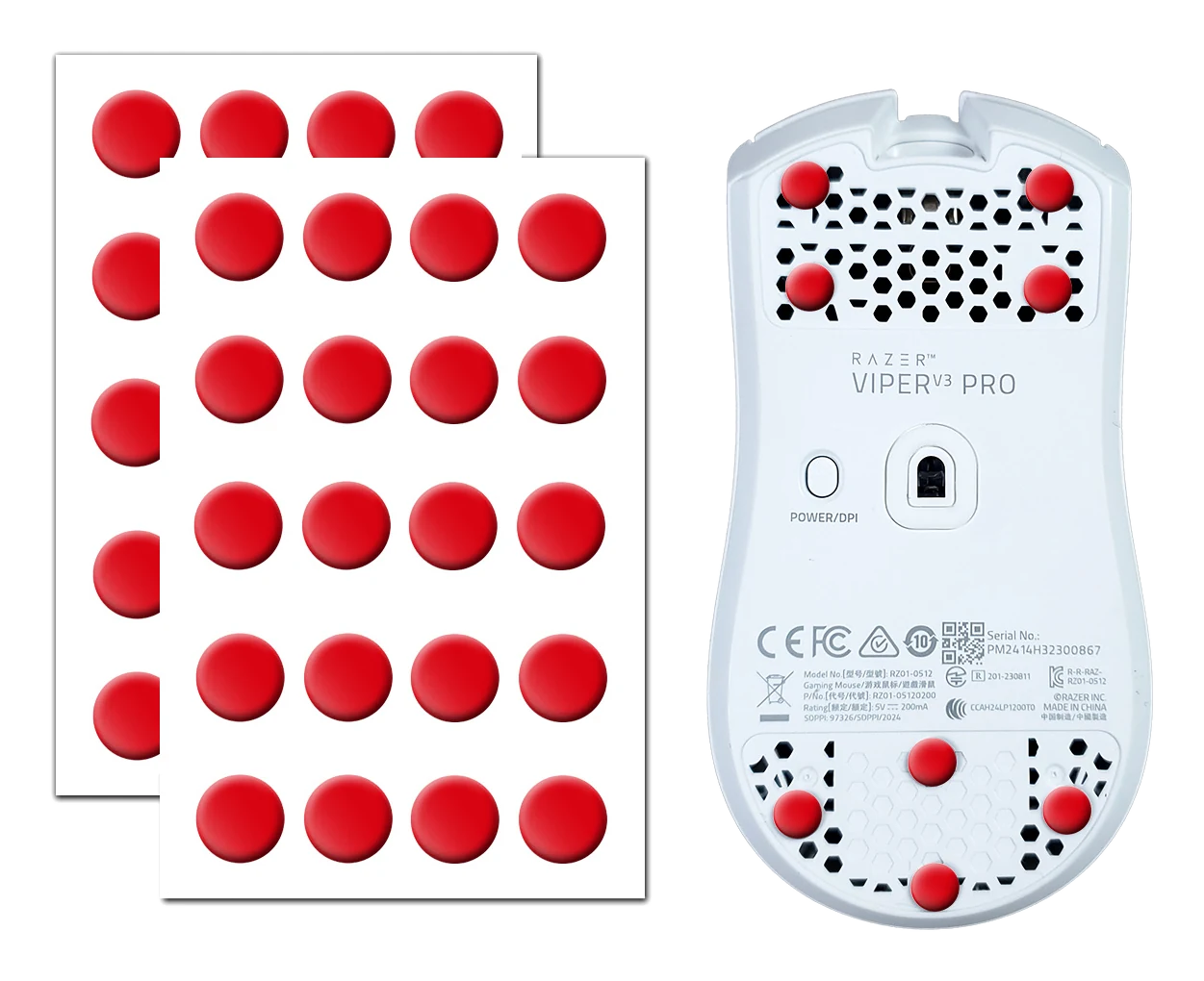 X-Raypad Obsidian Control universal dot mouse skates: two sheets of 20 red 6.5 mm hardened PTFE dots, shown fitted to a mouse